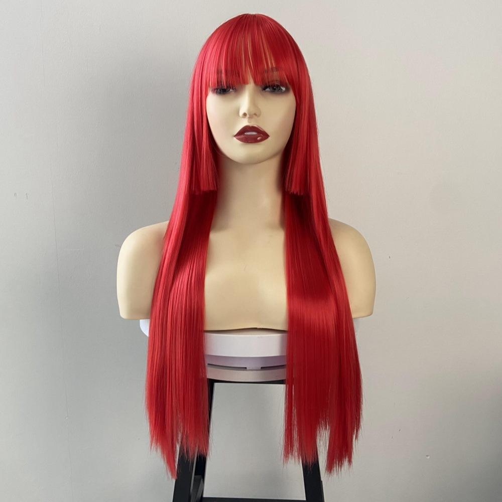 Qi Bangs Long Straight Wig Synthetic Full Head Cover Purple Hime Style Colored Hairstyle Set