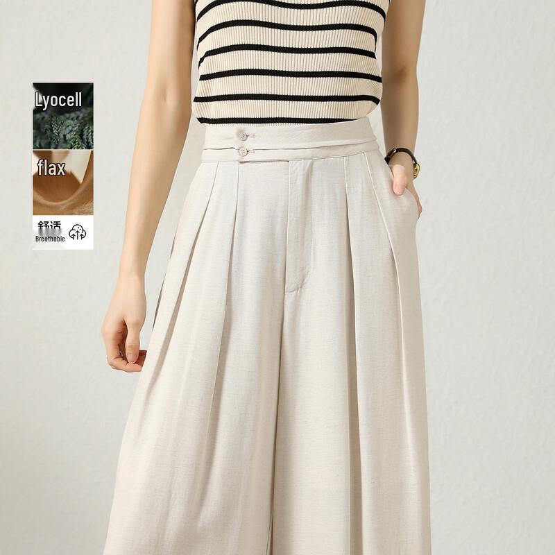 Women s Pleated Linen Lyocell Blend Wide-Leg Casual Pants S