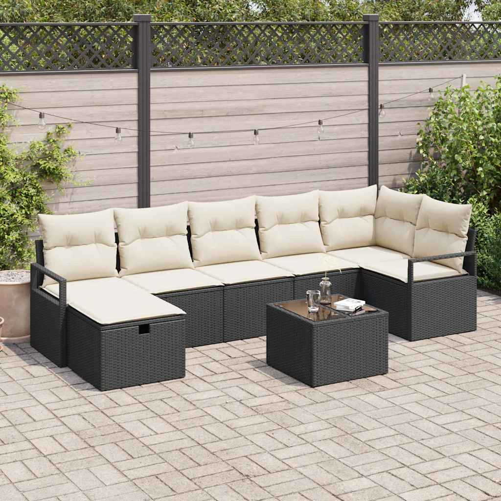 8 Piece Sofa Set with Cushions in Black and Cream Poly Rattan