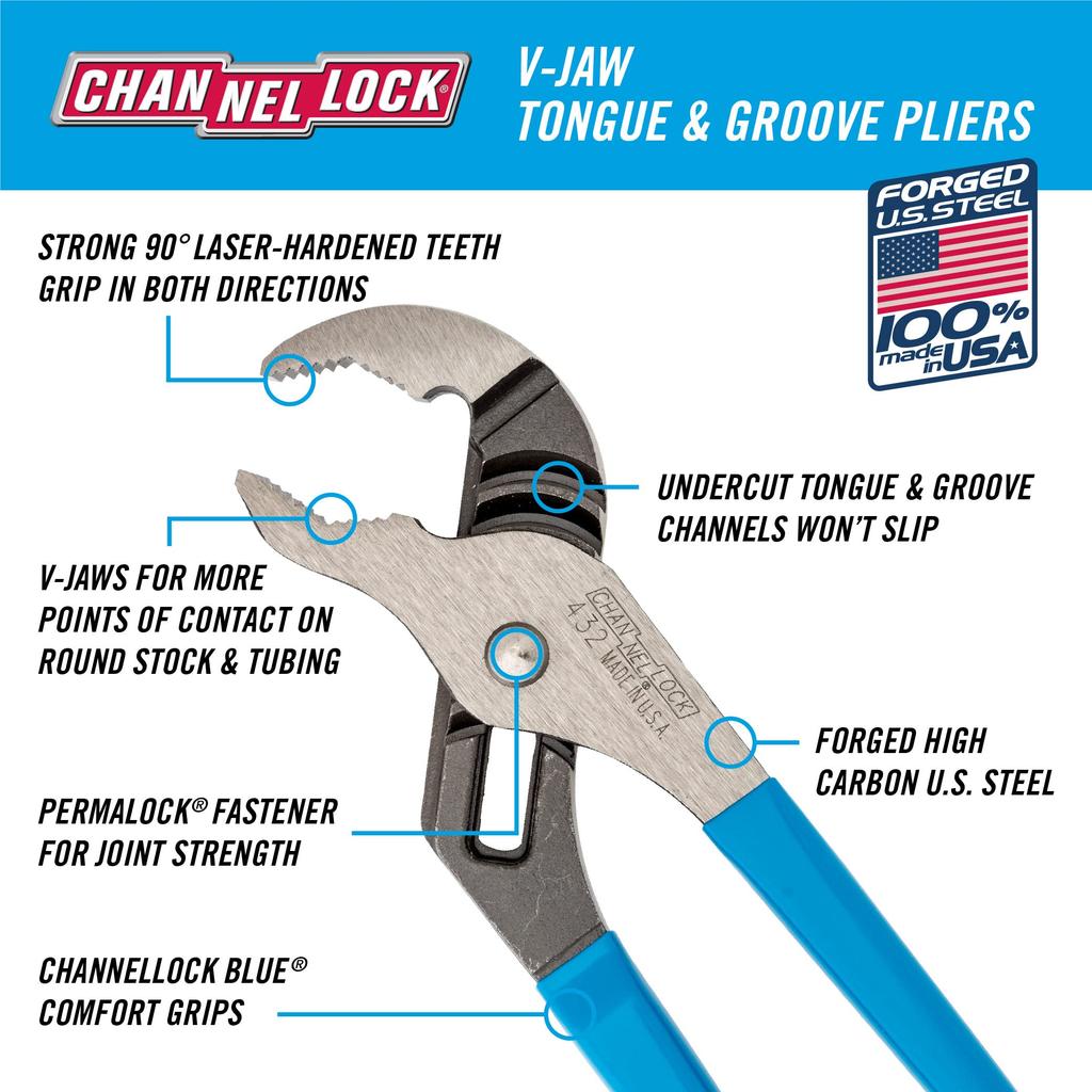 CHANNEL Water Pump Pliers 254mm Type 432 V-Jaw