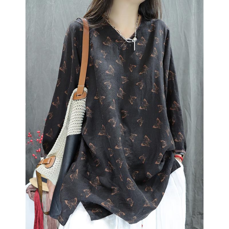 2026 Spring Retro Cotton Linen V-Neck Printed Shirt: Stylish, Versatile, Slimming Long Sleeve Top M