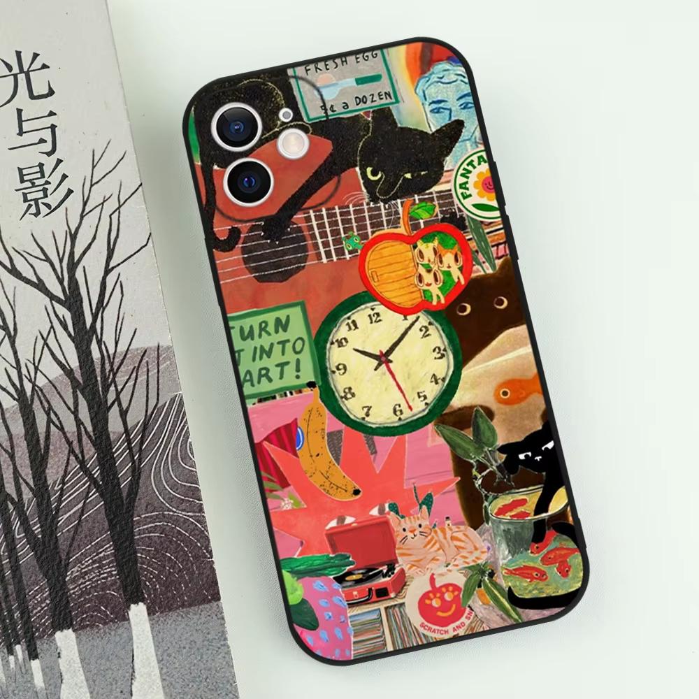 Funny Cartoon Black Cat Phone Case For iPhone 17 Air 16 E 15 14 13 12 11 Pro Max Plus Mini SE 2020 2022 Shockproof Cover Funda
