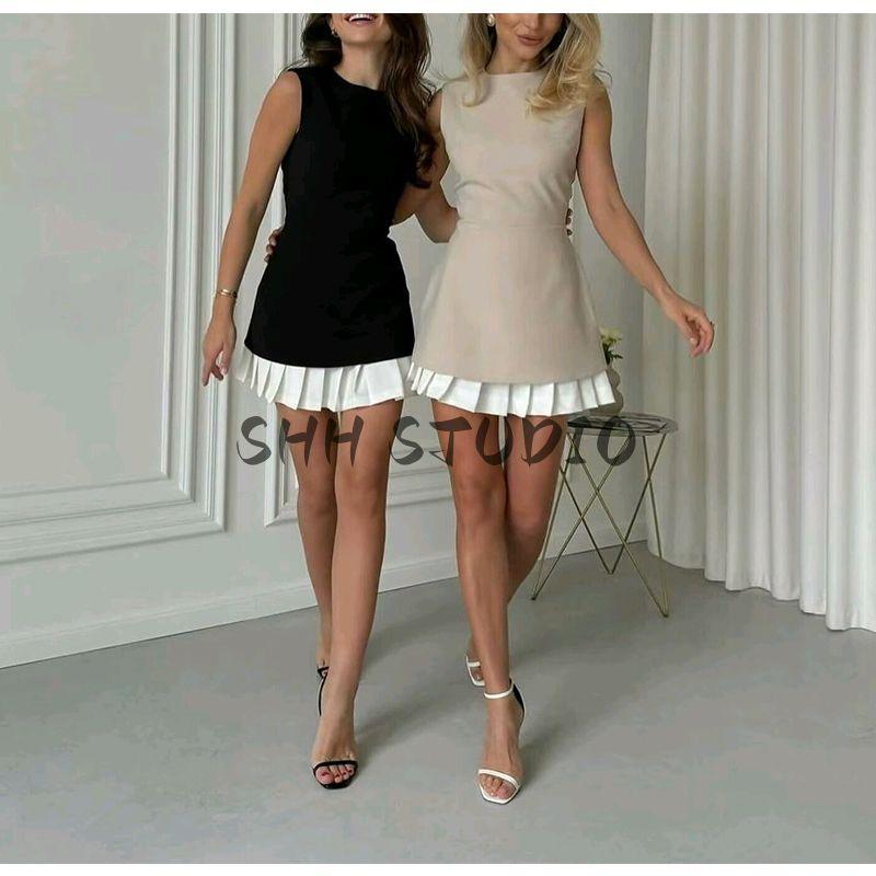 Spring and Summer New Women's Clothing Fashion Style Minimalist Easiest for Match Round Neck Sleeveless Short Top + Short Skirt Two-piece Set Dress
