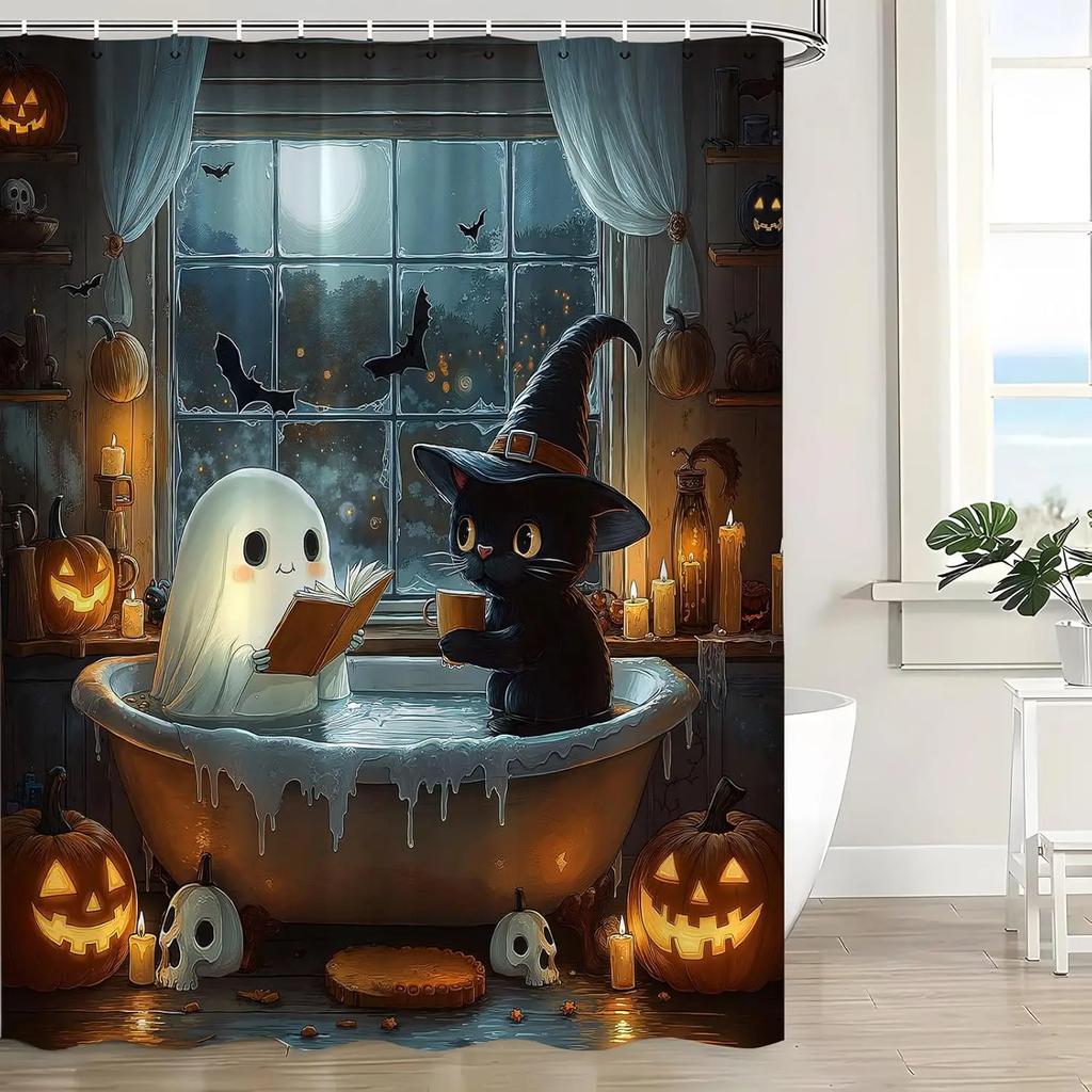 Halloween Funny Ghost Shower Curtain Spooky Gothic Cute Ghost Black Cat Reading In Bathtub Pumpkin Bat Skull Dark Horror