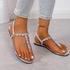 Fashion Rhinestone Decor Women Beach Shoes Women's Solid Color Thong Sandals Elastic Ankle Strap Lightweight Soft Sole Glitter Shoes