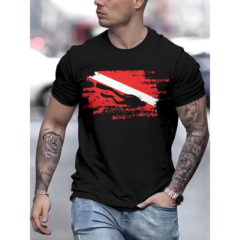 Men's Black 3D Digital Print T-Shirt - Breathable, Lightweight, Crew Neck with Stylish Diving Board Graphic, Casual All-Season Tee for Casual Attire