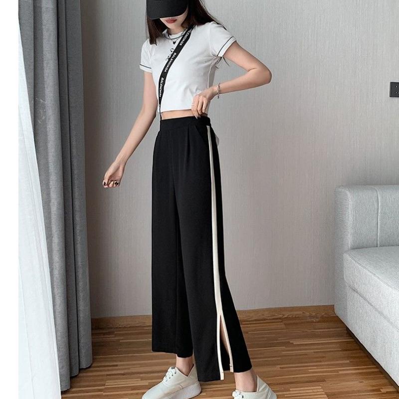 Sommer Damen Gerade Hosen Offene Weite Bein Hosen Sommer Chiffon Neun-Punkt Lose Eisseide Casual Gerade Hosen