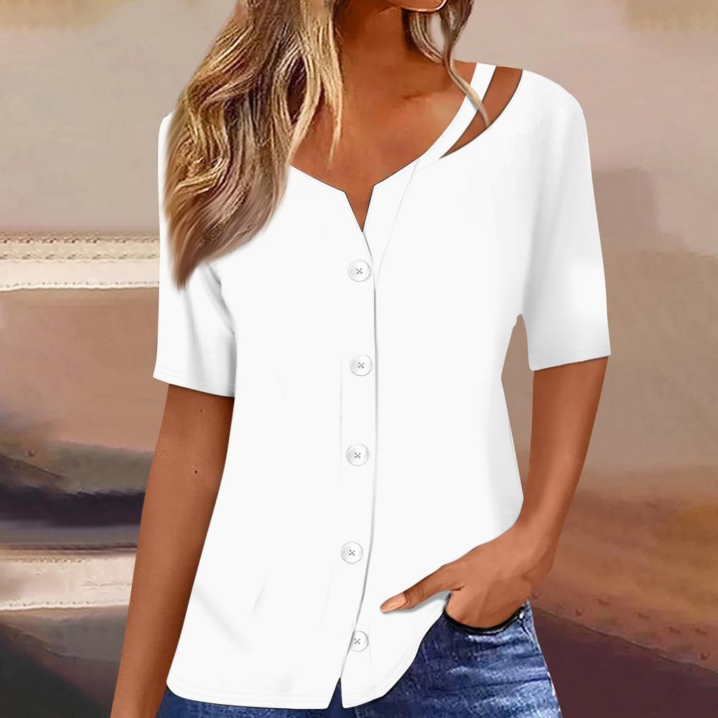 Damen T-Shirt mit Aufdruck, kurzärmelig, V-Ausschnitt, Knopfleiste, Strickjacke, T-Shirt, Top