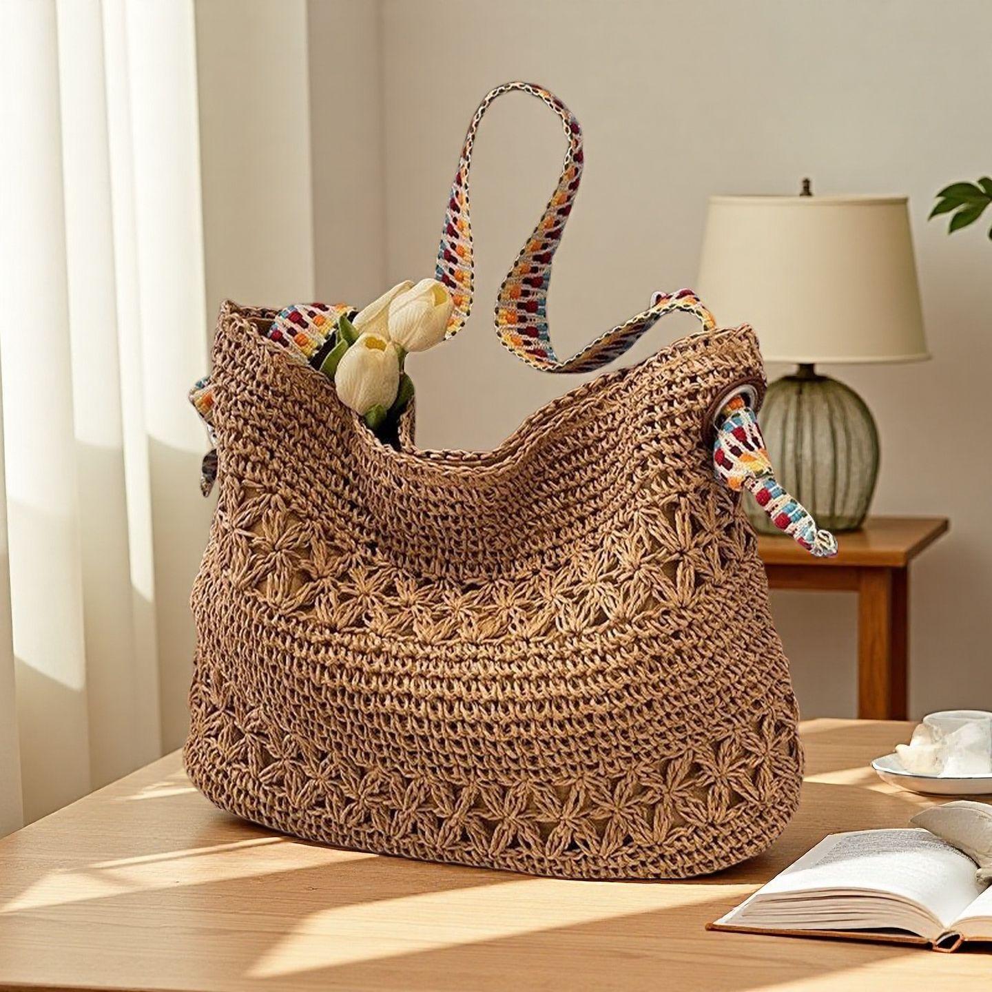 Fashion vacation style straw woven bag women s popular woven shoulder bag large capacity leisure seaside beach bag