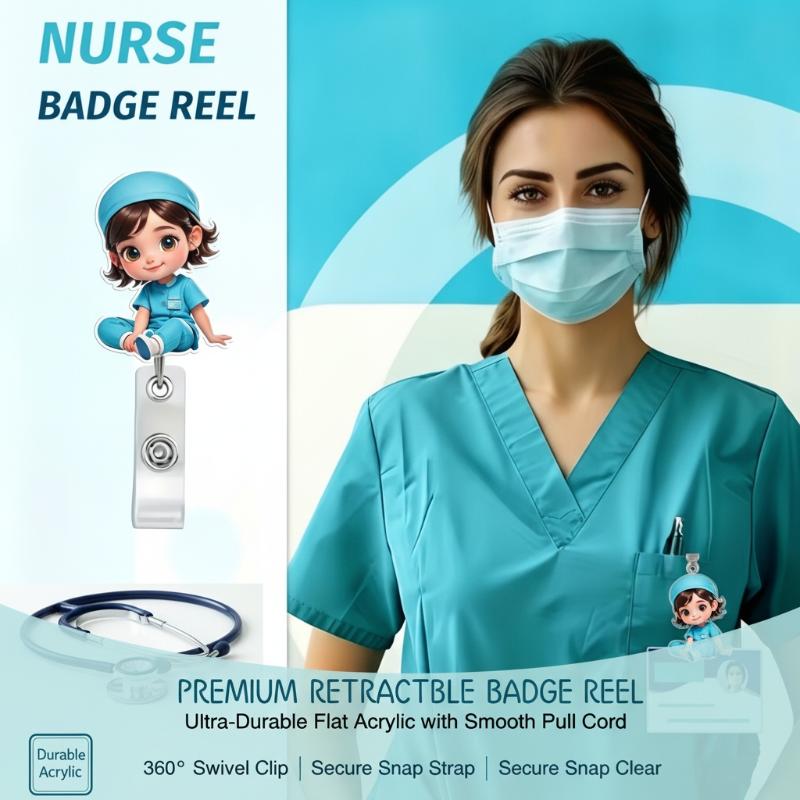 1Pcs 2D Flat Acrylic Badge Holder Retractable Id Badge Holder Scratch-Resistant Cartoon Nurse Badge Reel