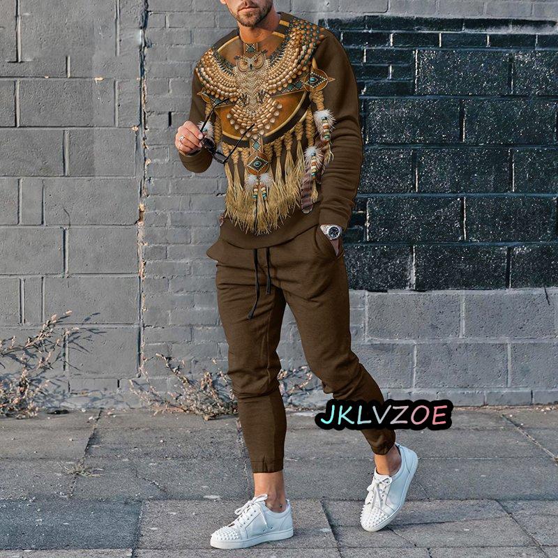 Autumn Men's Tracksuits Casual Long Sleeve T-shirt Trousers Sets 2Pcs Vintage Joging Suits Male Clothing Jogging Pants Outfits