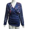 Women Lace Patchwork Long Sleeve Blouse Elegant Deep V Neck Slim Fit Pullover Top Office Lady Embroidery Floral Blouse