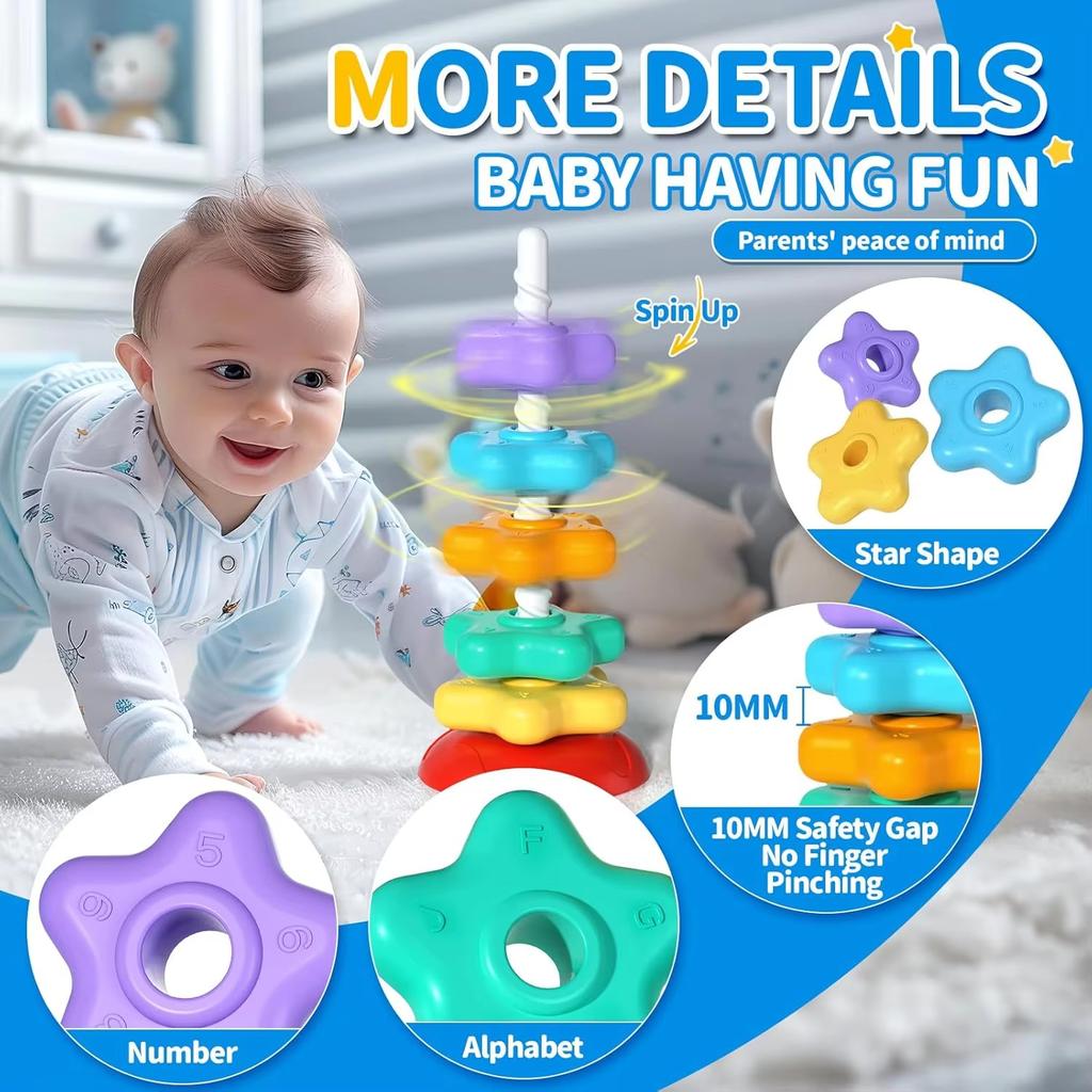 Montessori Rotating Rainbow Tower Baby Stacking Puzzle Toddler Toys Children Motor Skill Game Spinning Stacking Toys 1 To 2 Year
