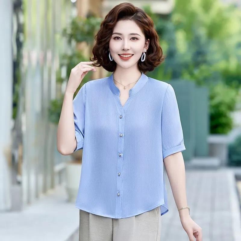 Women Stand Collar Half Placket Mid Sleeve Solid Chiffon Blouse Three Colors Available