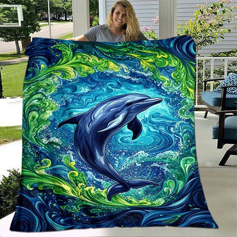 1 Stück Leichtgewichtige Flanelldecke mit Delfin-Aufdruck, Bequeme und Warme Decke, für Camping, Sofa, Bett und Couch, Büro, für Alle Jahreszeiten