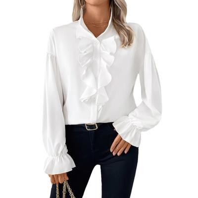 European and American Women's Clothing Elegant Commuter Horn Sleeve Shirt Women's Ruffle Edge Decorative Shirt Suitable for Vacation
