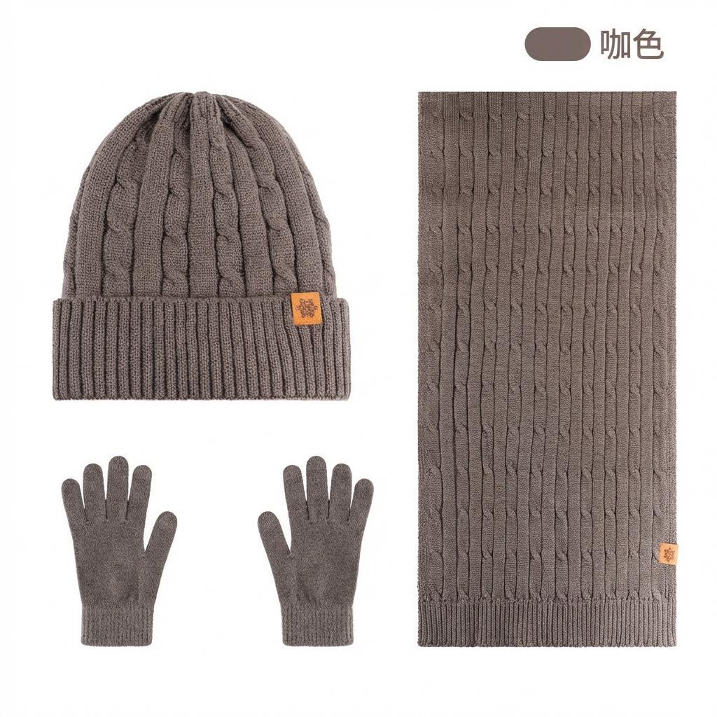 Winter Knitted Hat, Scarf, Gloves, Three-piece Set, Velvet, Thickened Warm Outdoor Riding, Knitted Hat