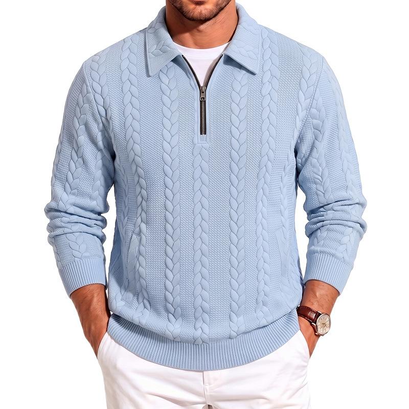 Autumn And Winter Heavy Jacquard Texture Pattern Men'S Casual Simple Zipper Lapel Long-Sleeved Polo Sweater
