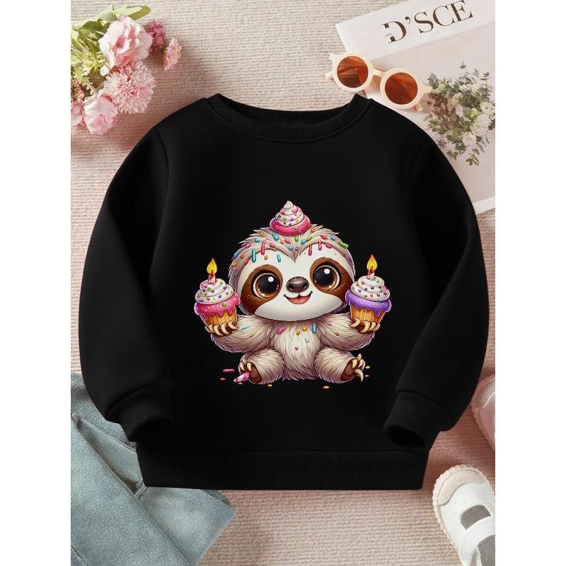 European Sizes Kids"Cuddly Sloth Celebration"Print Long Sleeve Crewneck Sweatshirt - Soft Casual Pullover Top with Cute Graphic Print