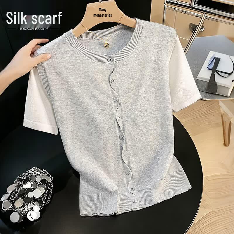 Sibaiche Women s Wool Blend Color Block Short Sleeve Knit Top One Size