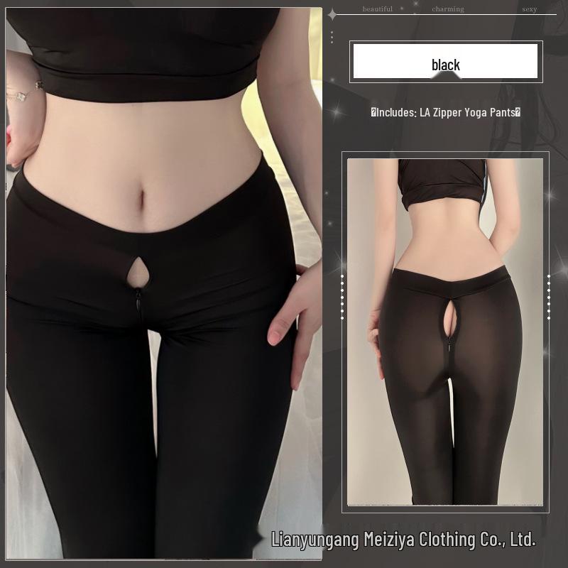 Sexy Ice Silk Open Crotch Yoga Pants with Invisible Zipper