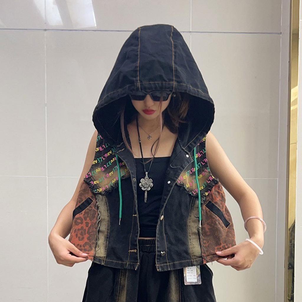 Fashion personality trendy cool women's clothing spring and autumn new denim hooded vest + elastic waist Harlan pants suit trendy