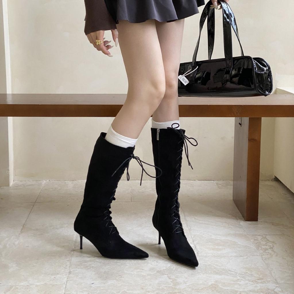 2025 autumn and winter European and American new pointed thin heel high heel temperament French suede lace up fashionable sexy beautiful women boots