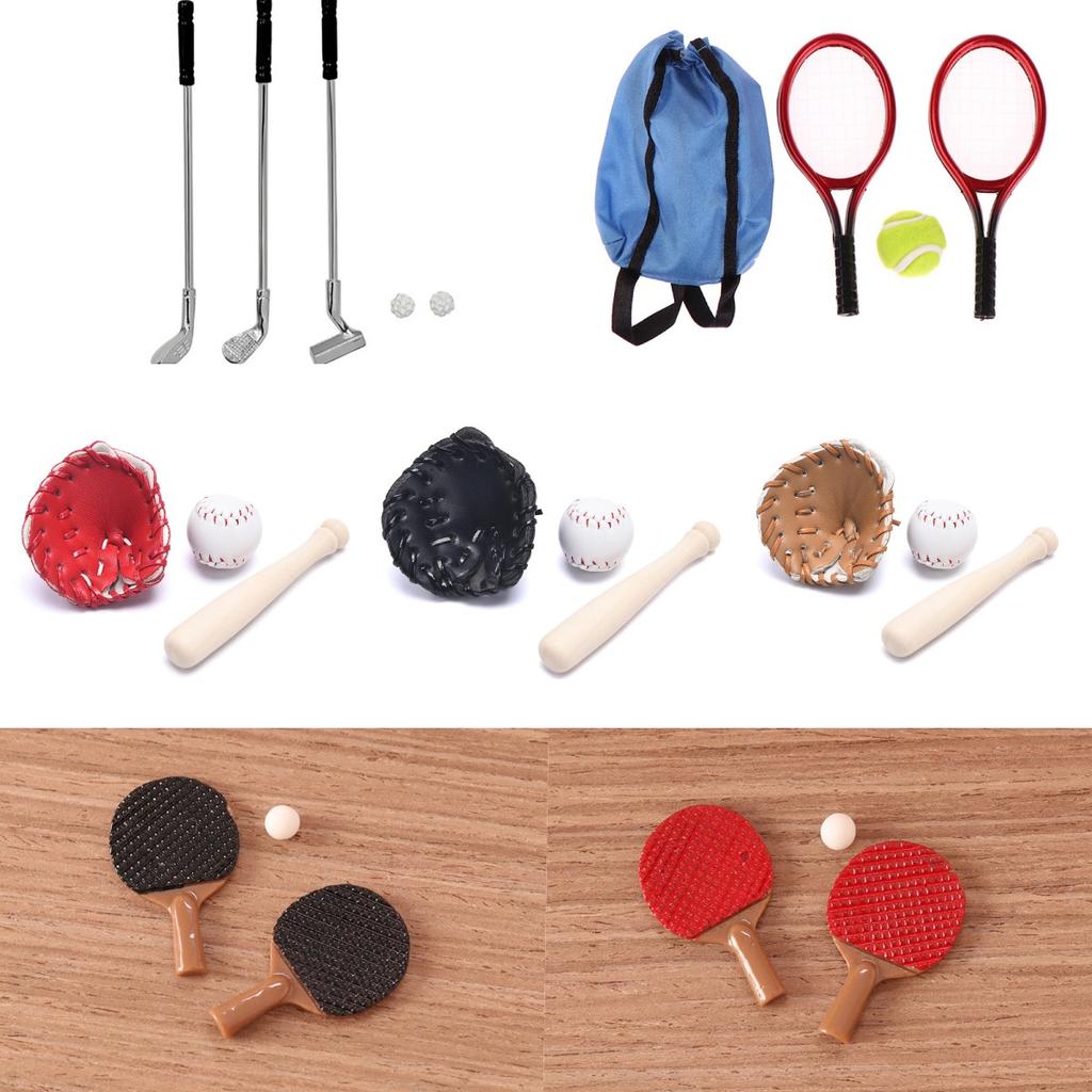 Perfect 1 Set Dollhouse Miniature Tennis Racket Tennis Baseball Golf Table Tennis Set Simulation Sports Model Doll House Accessories