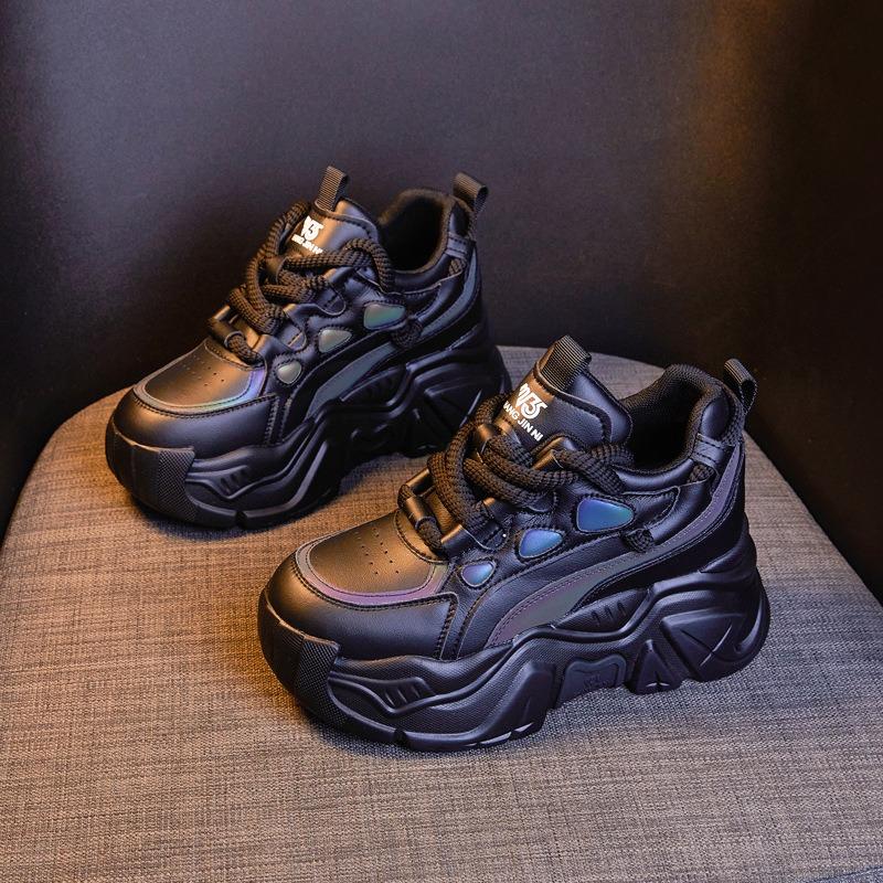 Leather Muffin Platform Dad Shoes Women's Autumn New Round Head Lace-up Inner Height-increasing Women's Shoes Versatile Sports Shoes