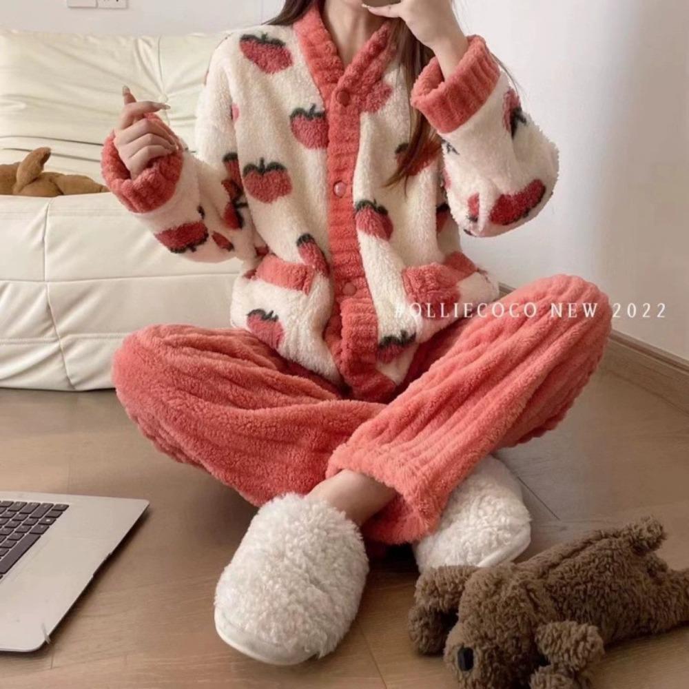 **Kadın Flanel Pijama Takımı Yuvarlak Yaka Jakarlı Uzun Peluş Kalın Sıcak Ev Giyimi**