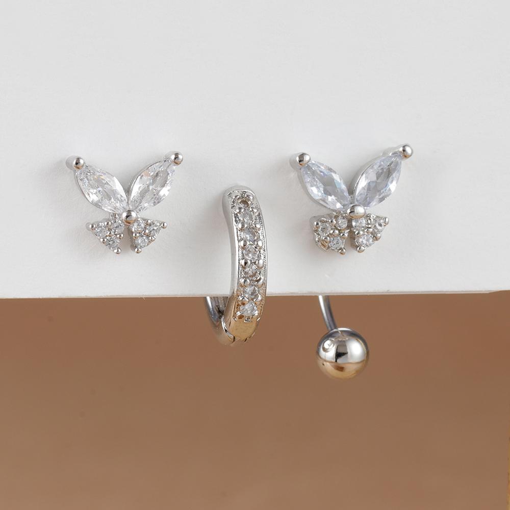 3PCS Luxury Stainless Steel Butterfly Small Hoop Earrings Set For Women Trendy Zircon Stud Women's Earring  Fashion Jewelry