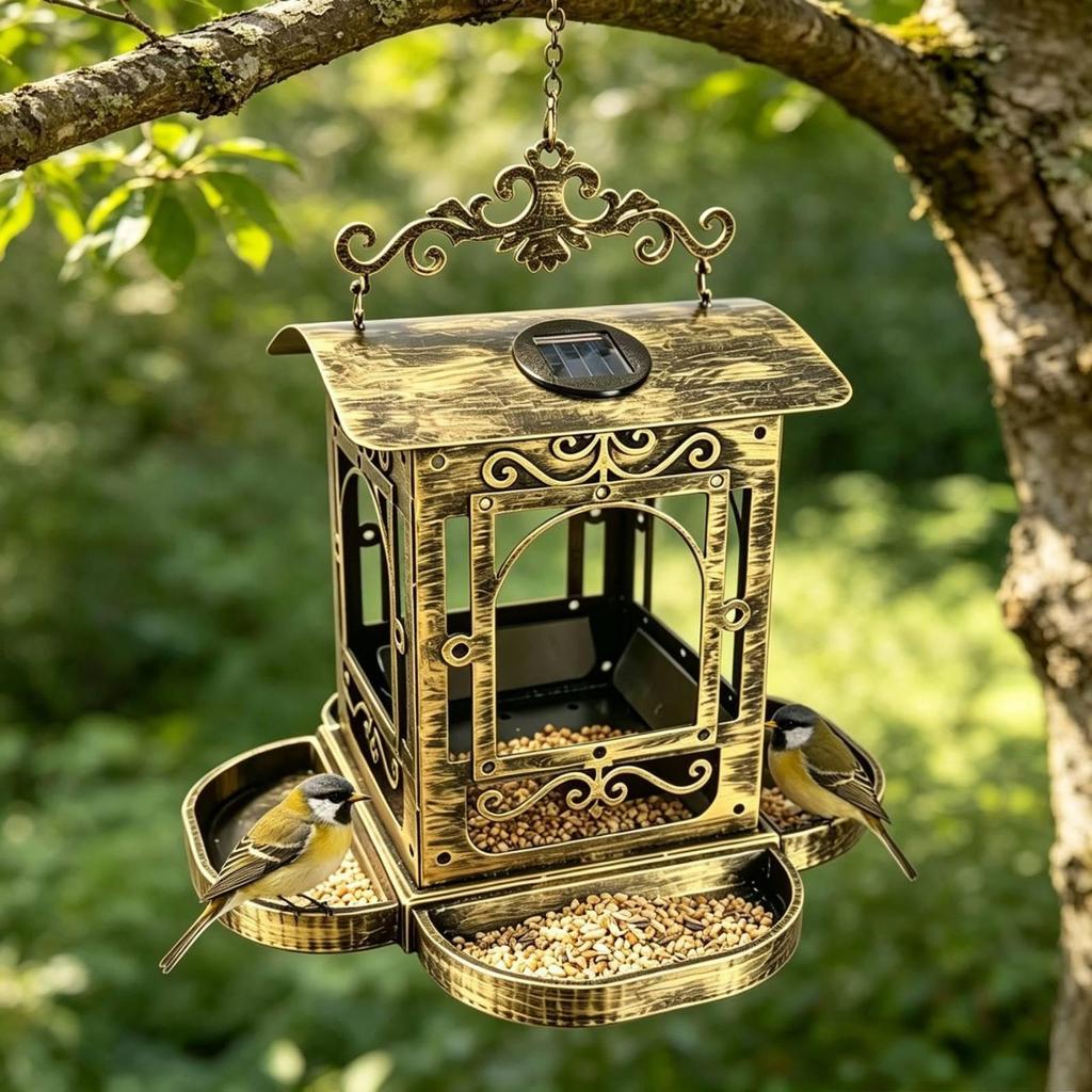 Vogelvoederhuisje met Zonne-energie Lamp Antiek Brons Schaal LantaarnStijl voor Tuiniers,