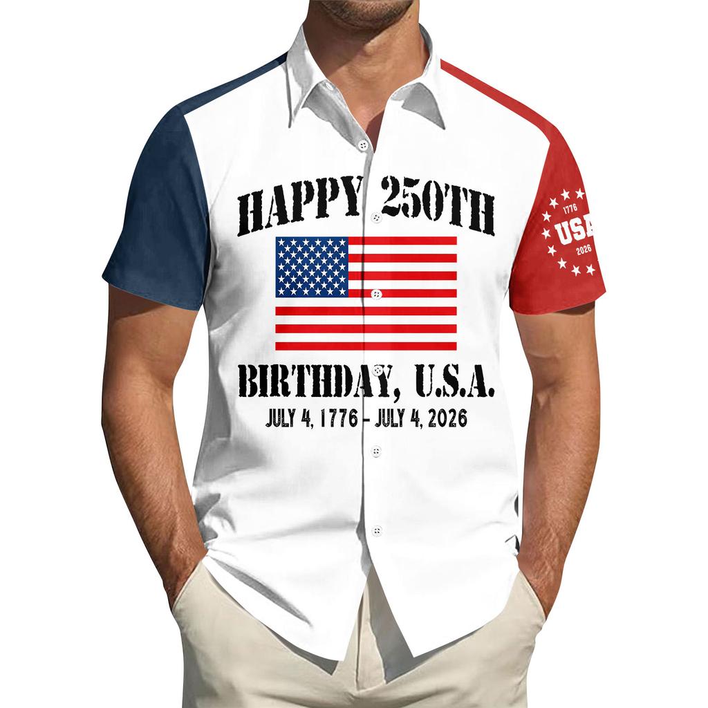 Top da Uomo Stampato per il Giorno dell'Indipendenza con Colletto Camicia Casual Sportiva a Maniche Corte da Uomo