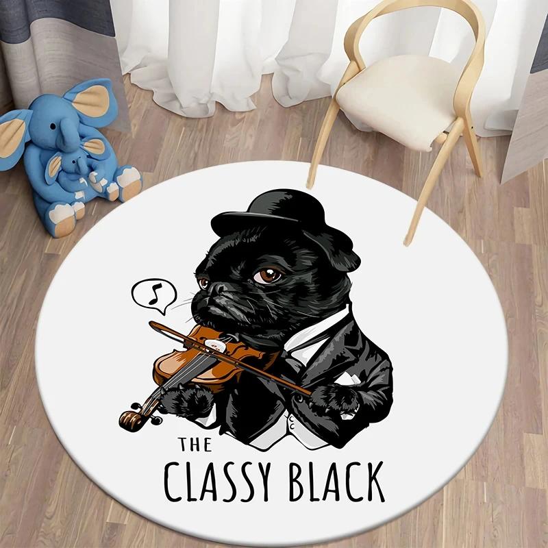 Cute Pug Dog Round Carpet Kawaii Pet Area Rug for Living Room Bedroom Decor Anti-Slip Floor Mat Circle Kitchen Entrance Doormat