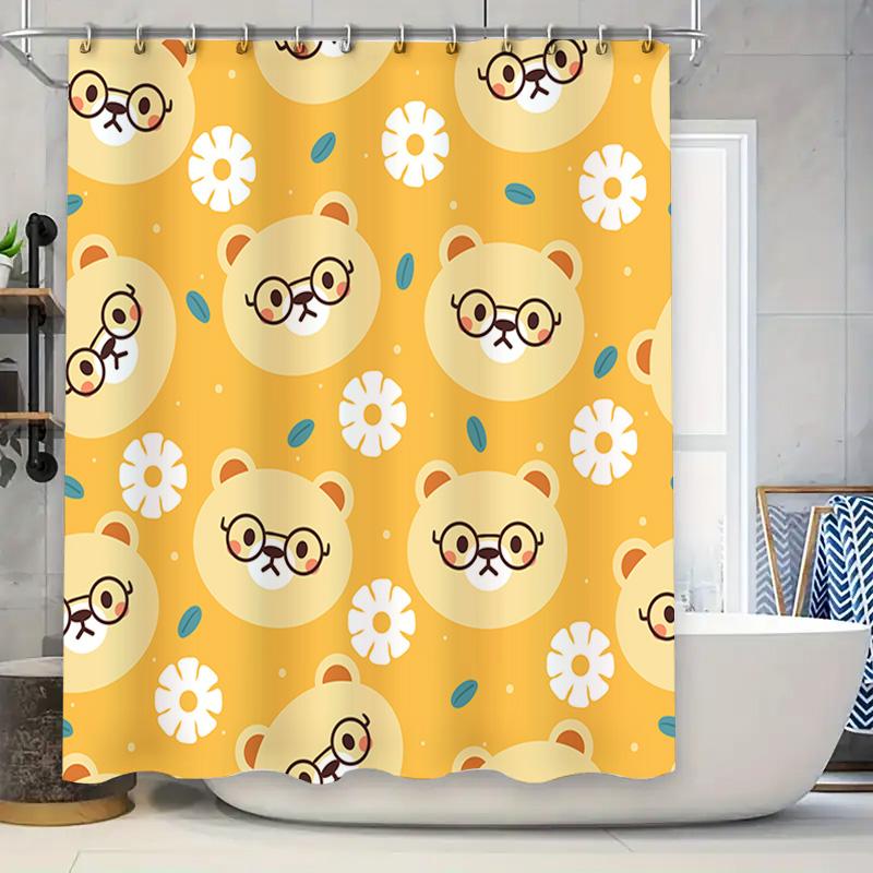 

Animal Print Shower Curtain Yellow With Flowers Cartoon Dogs Eyes Glasses Home Decor Bath Rug W60H190(CM)-1 Pcs