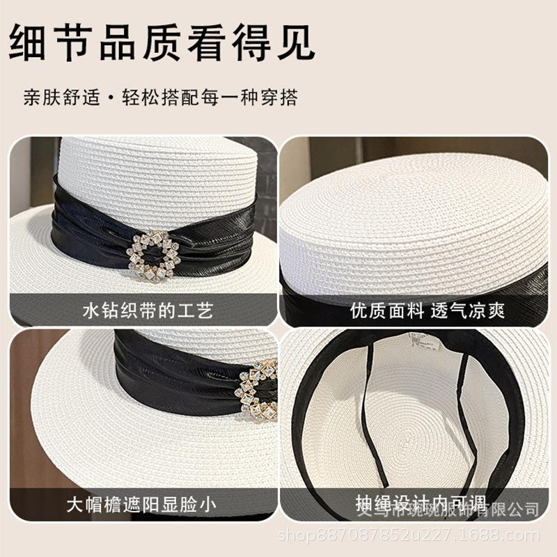 Summer Rhinestone Buckle Satin Webbing Flat Top Straw Hat Women's Outdoor Seaside Breathable Sunshade Sun Protection Beach Sun Hat