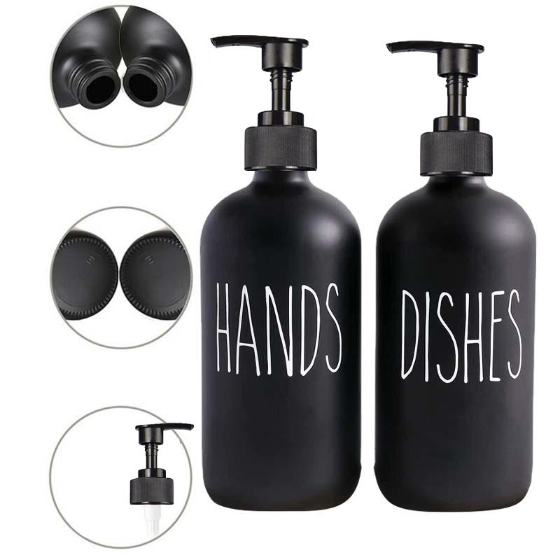Juego de dispensador de jabón para platos de 500 ml para fregadero de cocina, jabón de manos, platos, detergente, botella de almacenamiento, botellas rellenables, color negro y blanco