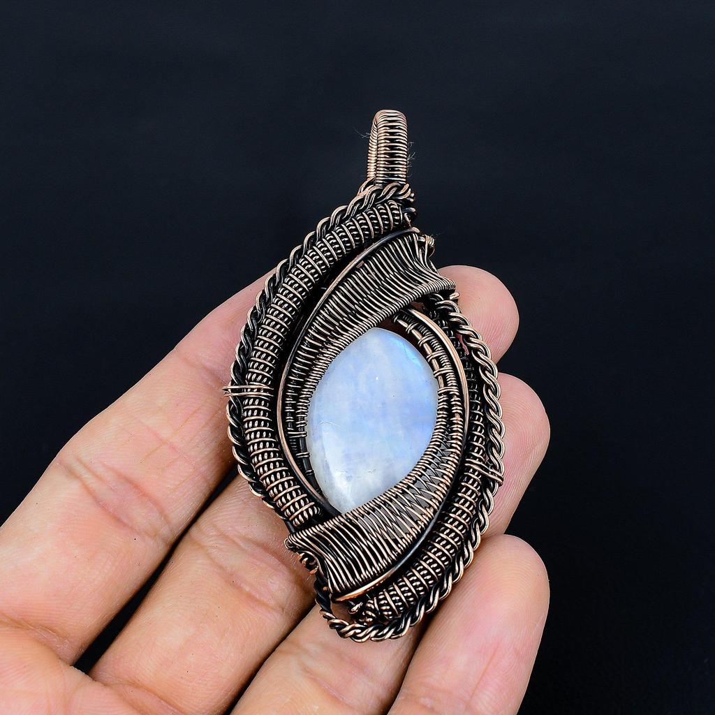 Rainbow Moonstone Pendant, Handmade Gemstone 999 Copper Wire Wrap Pendant Antique Jewelry, For Gift Copper Jewelry