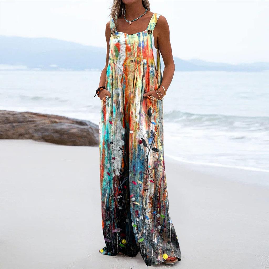 Women's One-Piece Button Up Jumpsuit Casual Loose Sleeveless Rompers With Pockets