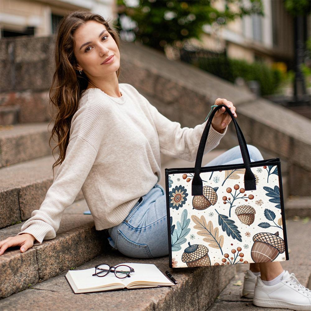Autumn Acorn Print Canvas Tote Bag Casual Large Capacity Daily Shoulder Handbag for Shopping Work Travel