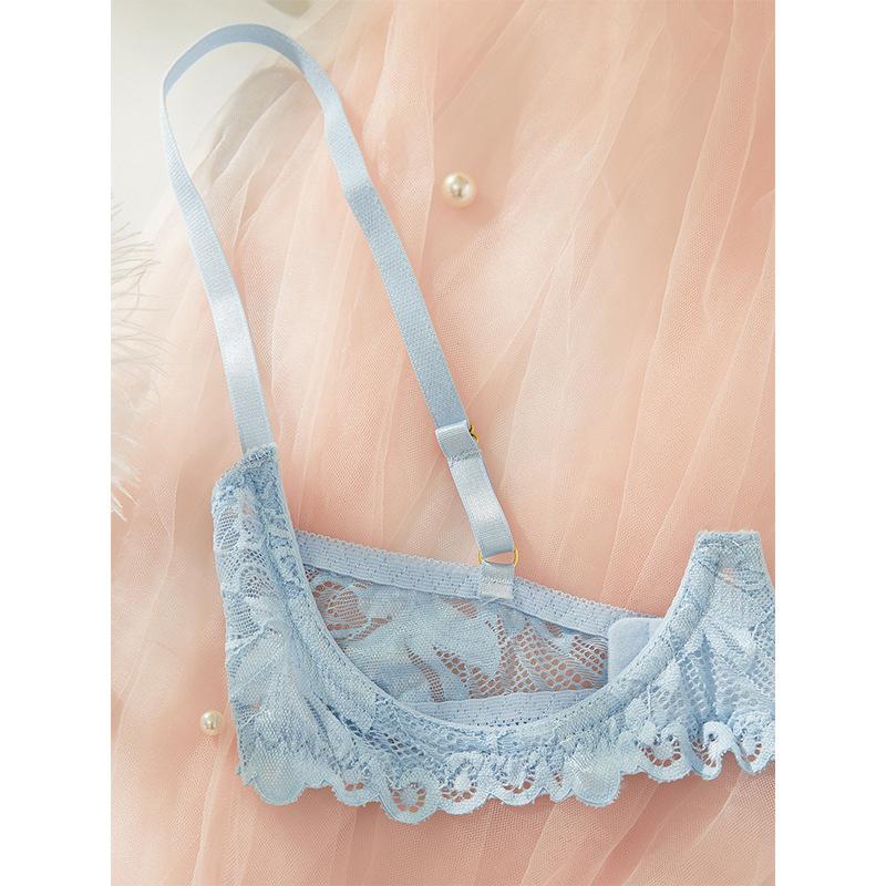 Light Blue Low-cut Milk Lace Embroidery Perspective Open Gear with Steel Ring Adult Erotic Underwear Set Sexy Lace