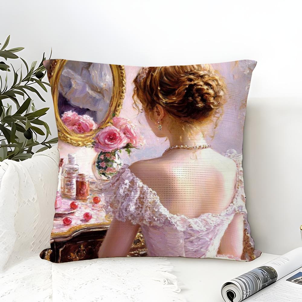 Classic Reto Oil Painting Girl Pillow Case linen pillow case sofa home decor cushion cover cushion cove
