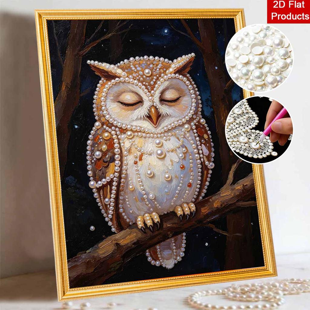 Sparkling Pearl Painting on Stretched Frame Sleeping Owl at Night DIY Bead Art Canvas Relaxing Hobby Gift for Craft Lovers Home Decor