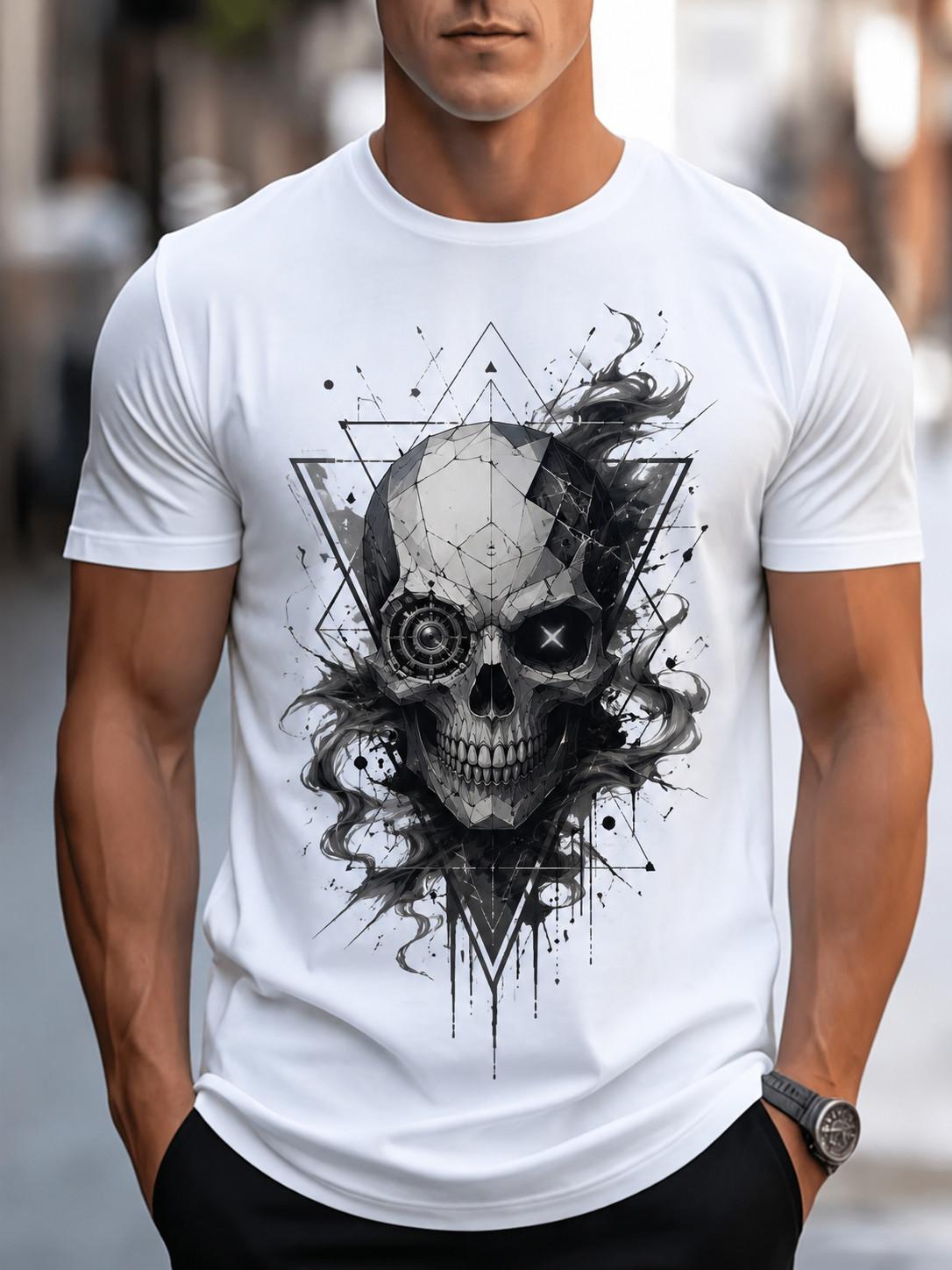Men s Gothic Skull Graphic T Shirt Cyber Punk Geometric Streetwear Casual Tee XXL