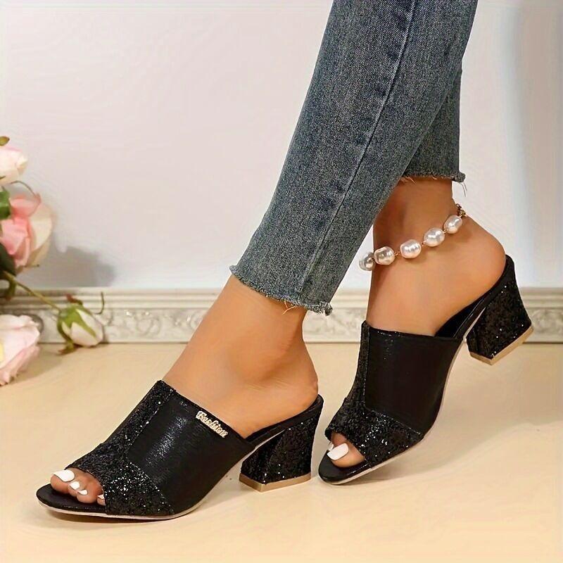 Sandals Women's New Summer Models, Fish Mouth Middle Heel Mesh Thick Heel Sequins Casual Large Size Sandals