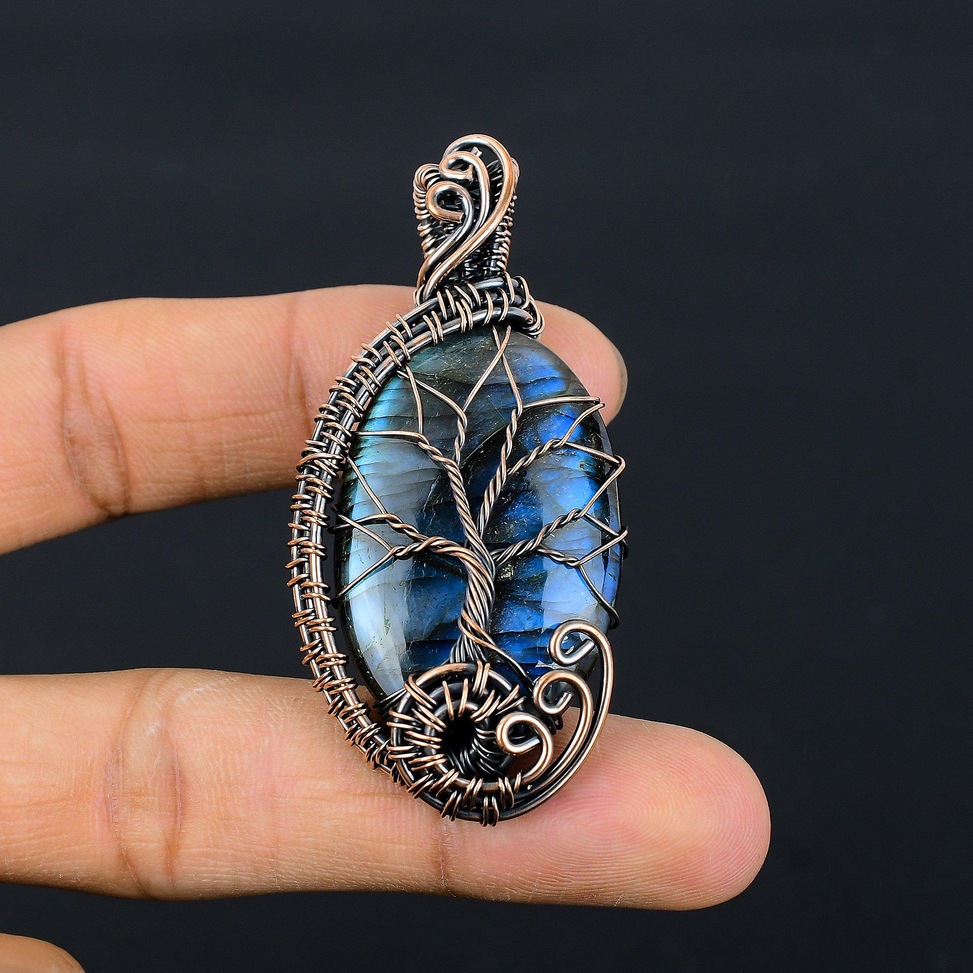 

Tree Of Life Labradorite Pendant, Handmade Gemstone 999 Copper Wire Wrapped Pendant Antique Jewelry, For Gift Silver Jewelry 2.55 Inches