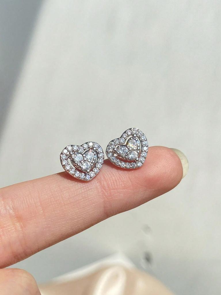 1 Pair Of Full Diamond Inlaid Heart-Shaped Earrings, Simple And Fashionable Earrings, Women'S Temperament Earrings Accessories
