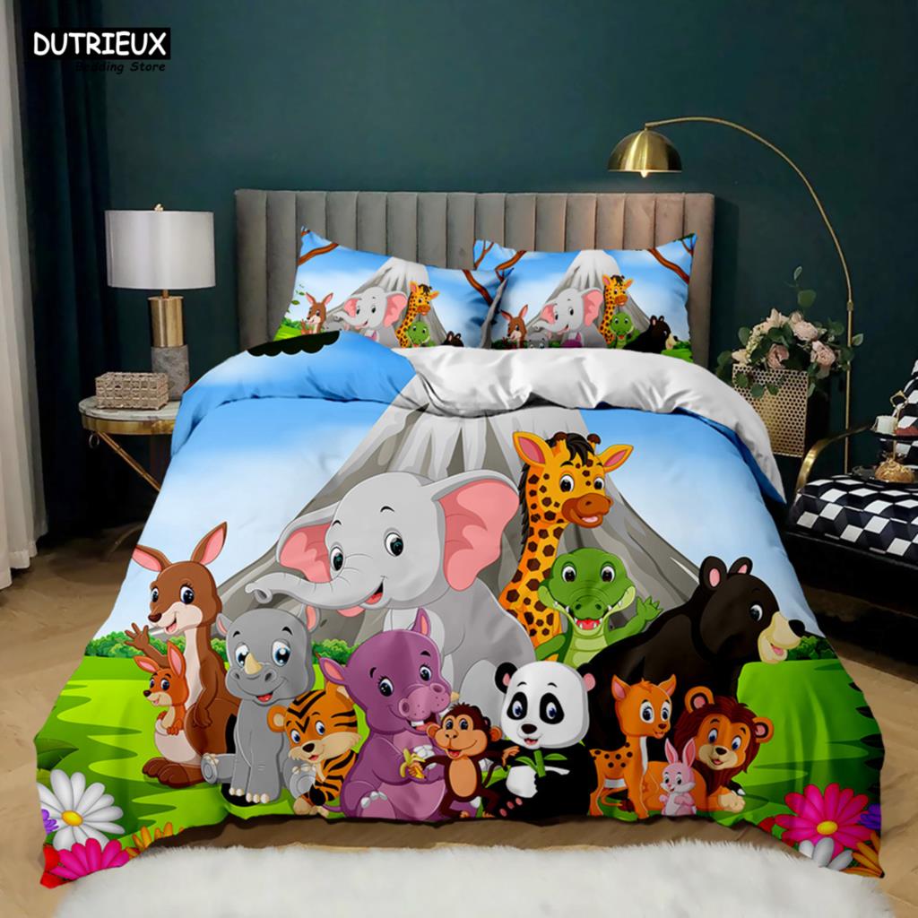 Elephant Comforter Cover Cute Cartoon Animal Paradise Bedding Set Boys Girls Kids 3D Animal World Queen Polyester Duvet Cover
