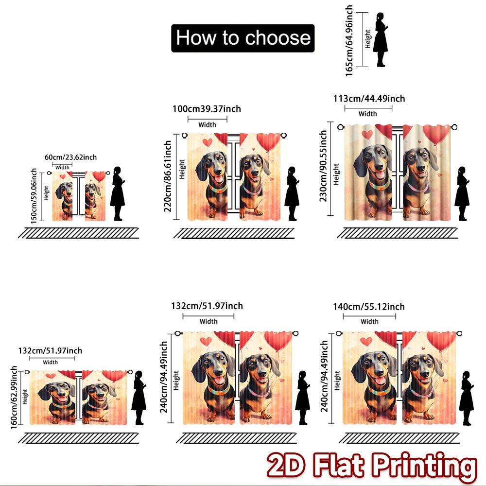 2D flat printing 2pcs Party Curtains Dachshund Dogs Heart Balloons Digital Printed Polyester Drapes Festive Holiday Use for New