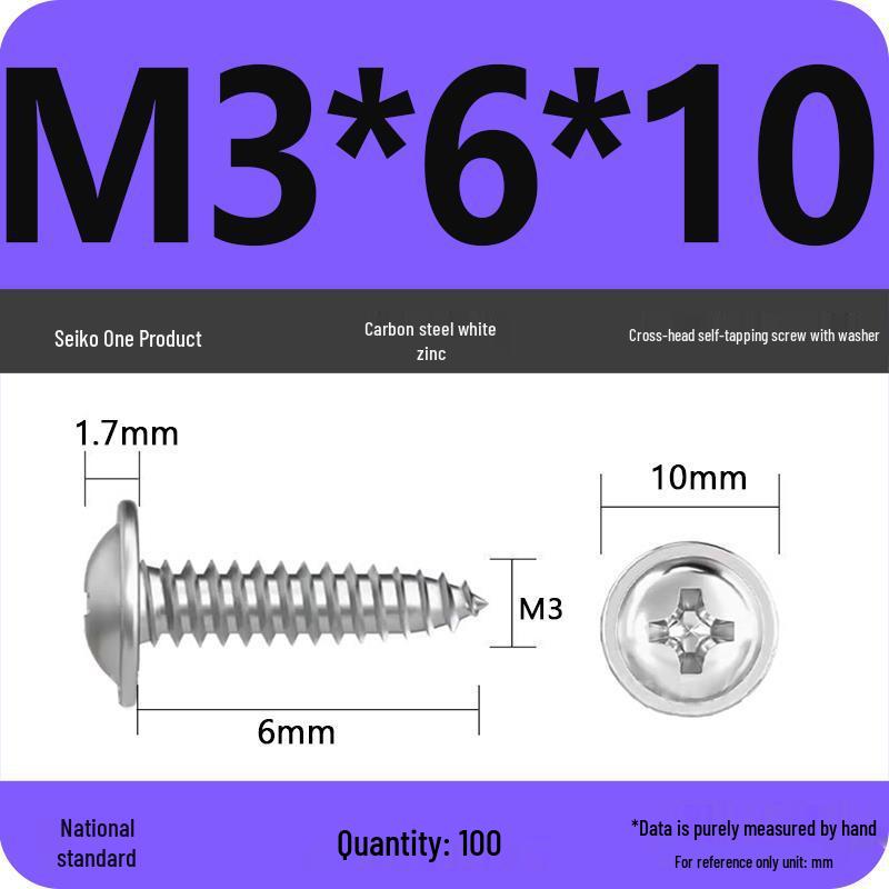 PWA Nickel-Plated Carbon Steel Self-Tapping Screws with Washer, White Zinc Cross Head, Pointed Tail, Sizes: 1.6/1.8/2/2.5